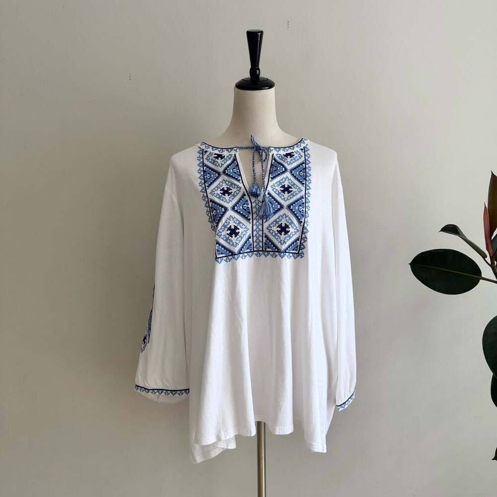 J.Jill White Blue Embroidered Tassel Tunic Blouse Peasant Cottagecore 2X